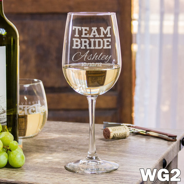 Etched White Wine Glasses Team Bride - Design: WG2