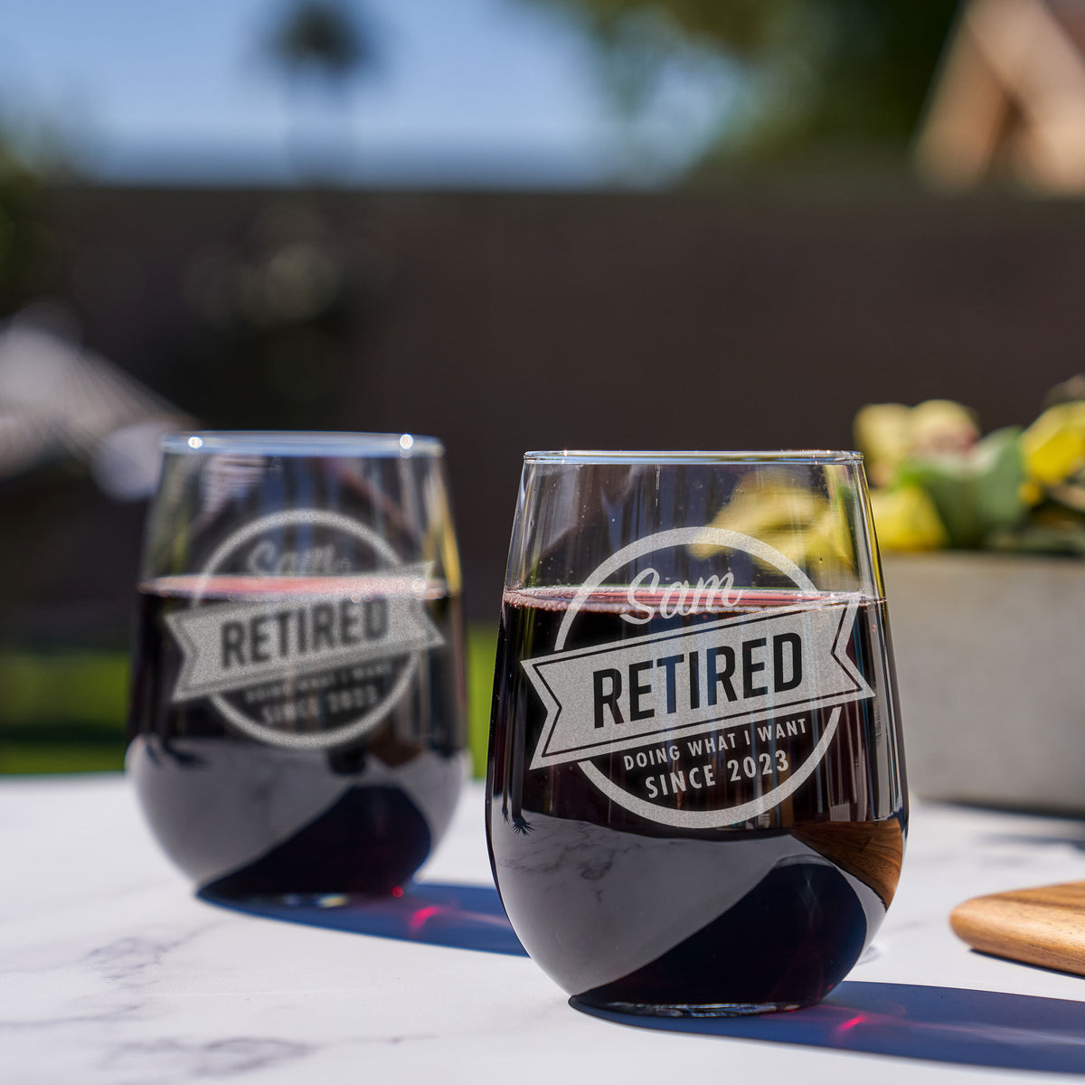 Etched Stemless White Wine Glass Retirement - Design: RETIRED