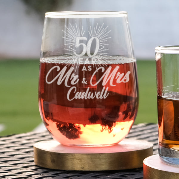 Personalized Anniversary Stemless Wine Glass, Design: A3