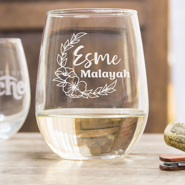 Floral Crescent Personalized Stemless Wine Glass, Design: M7
