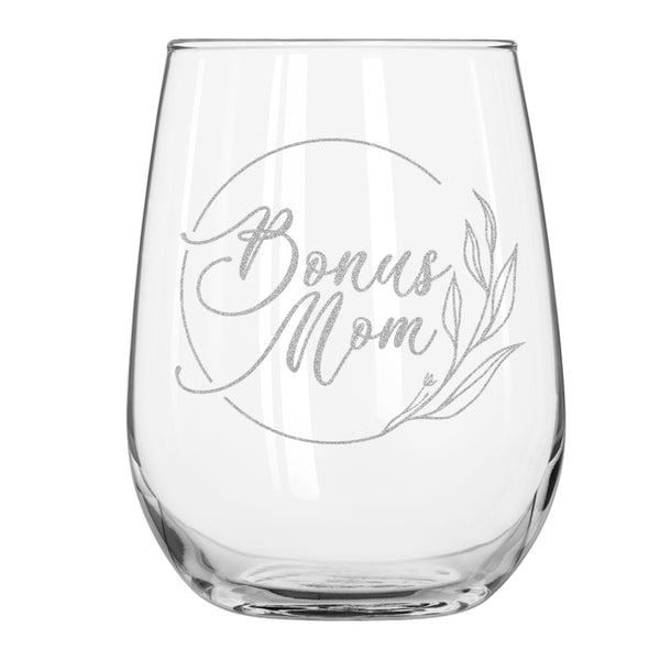 Etched Stemless Wine Glass for Bonus Mom - Design: MD9