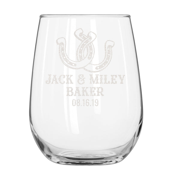 Personalized Western Stemless Wine Glass for a Couple, Design: N11