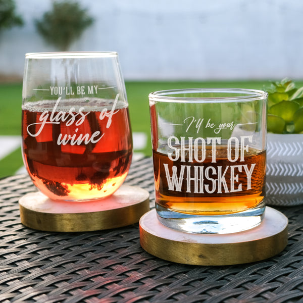 Wine & Whiskey Engraved Gift Set - Your glass of wine, My shot of whiskey, Design: WINEWHISK