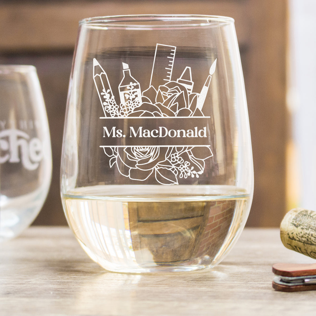 Personalized Floral Teacher Stemless Wine Glass, Design: TEACHER2